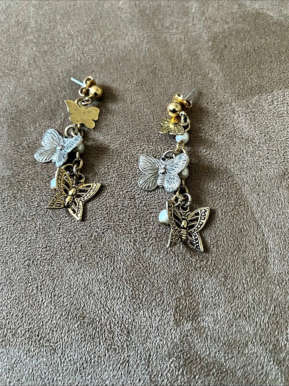 Butterfly Charm Drop Earrings Gold Tone & Silver Tone Like New 2”L